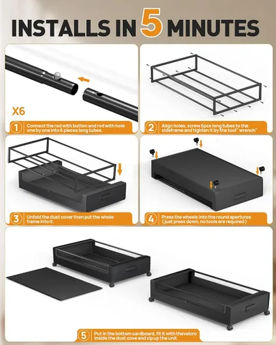 Vista 6 de Almacenamiento debajo de la cama, almacenamiento debajo de la cama con ruedas, almacenamiento debajo de la cama para ropa, mantas, zapatos... Negro
