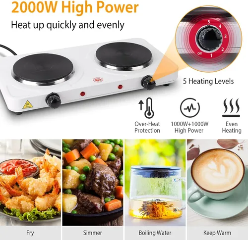 Vista 3 de Moclever - Placa caliente doble para cocinar, quemador doble eléctrico, estufa eléctrica portátil de 2000 W con control dual independiente y control