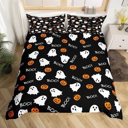 Vista 15 de Funda de edredón con diseño de murciélago, juego de ropa de cama de murciélago negro y naranja, funda de edredón temática de Halloween