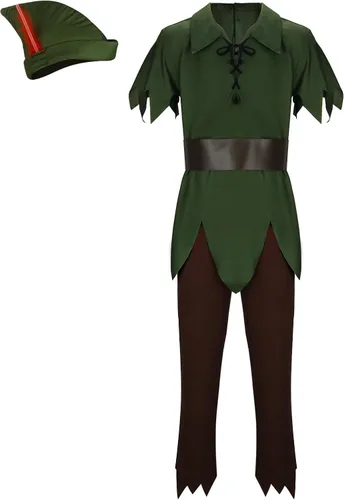 Vista 5 de Disfraz de Peter Pan para hombre adulto, blusa de vendaje de hojas verdes, sombreros de faja, trajes de cosplay de elfo, disfraz de Halloween