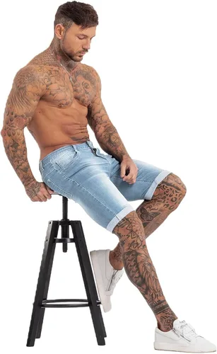 Vista 6 de GINGTTO Pantalones cortos de mezclilla para hombre, corte ajustado, elásticos, rasgados