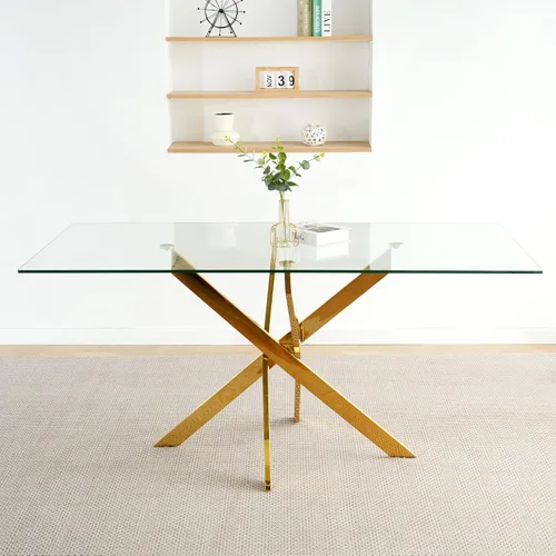Vista 6 de Juego de mesa de comedor de cristal dorado moderno de 63 pulgadas para 6, juego de mesa de cocina rectangular de 7 piezas con patas de acero Negro