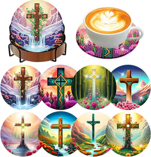 Vista 35 de Meothan Juego de 8 posavasos de arte de diamante para adultos con soporte, almohadillas de corcho, posavasos de arte de puntos de diamante de vidrio