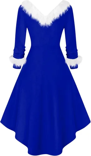 Vista 2 de Vestidos formales para mujer, con cuello en V de felpa, dobladillo alto y bajo, vestido de disfraz de los años 50, estilo vintage, casual, holgado