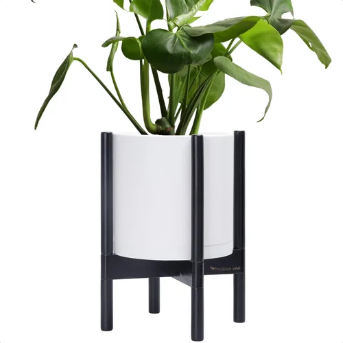 Vista 44 de Maceta de D'vine Dev con soporte - Maceta de flores de cilindro de plástico de 8.0 pulgadas con soporte de madera para interiores, maceta mate negra