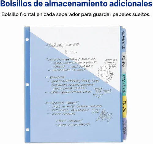 Vista 7 de Avery Write & Erase Separadores de plástico de bolsillo para carpetas de 3 anillas, juego de 5 pestañas, funciona con protectores de hojas
