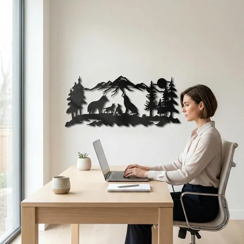 Vista 6 de DEKADRON Arte de pared de metal, arte familiar de lobos metálicos, arte de pared de naturaleza, lobo, montaña y árbol, decoración de pared de metal