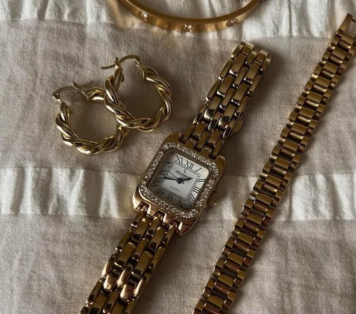 Vista 6 de Peugeot Women Tank Crystal Bezel Roman Numeral Panther Link Bracelet Watch Dorado