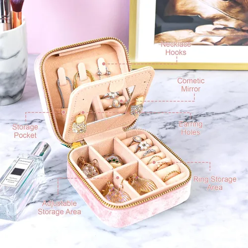 Vista 3 de Fixwal Joyero de terciopelo de felpa de viaje con espejo, mini joyero para mujeres y niñas, pequeñas cajas organizadoras portátiles para anillos