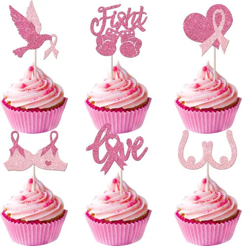 Vista 14 de Rsstarxi Paquete de 24 adornos para cupcakes con purpurina para concientización sobre el cáncer de mama, cinta rosa con purpurina para lucha contra