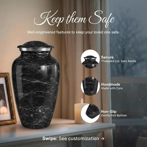 Vista 3 de Set of 6 Cremation Urns for Human Ashes Includes 1 Large Urn with 4 Small Keepsakes & 1 Silver Necklace - Black Marble