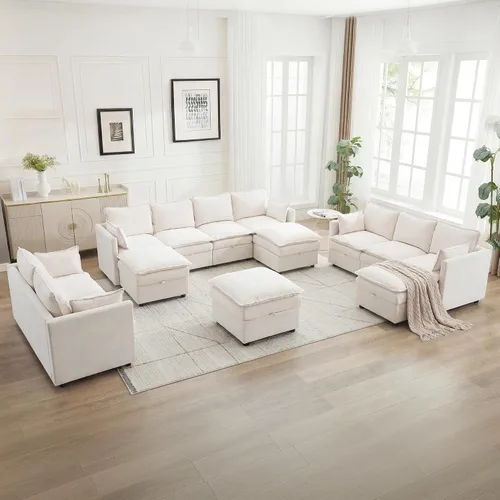 Vista 8 de Otomana cuadrada grande de 27 pulgadas con almacenamiento, reposapiés tapizado moderno con patas antideslizantes para sofá, mesa de café, sala