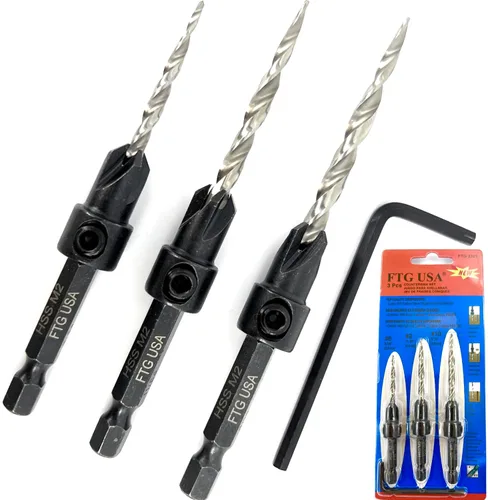 Vista 11 de FTG USA Juego de 3 brocas avellanadoras ajustables para madera #4 (7/64 pulgadas) con broca cónica para carpintería