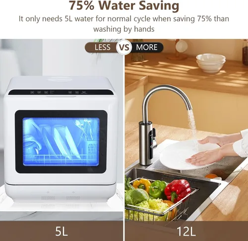 Vista 3 de Lavavajillas portátil para encimera, mini lavavajillas compactos con tanque de agua integrado de 5 L, 5 programas de lavado, función de secado al