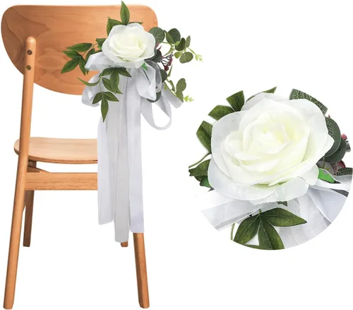 Vista 4 de Decoración de pasillo de boda, flores de banco, 6 piezas de rosas artificiales, decoración de silla de flores de iglesia, celebración de iglesia