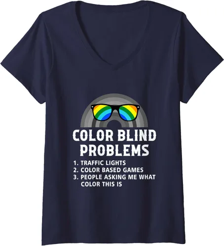 Vista 3 de Womens Color Blind Problems Blindness Test Eye Glasses Rainbow V-Neck T-Shirt
