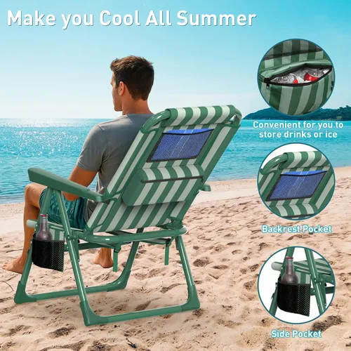 Vista 4 de Suteck Sillas de playa tipo mochila para adultos, paquete de 2, silla reclinable plegable de 6 posiciones con bolsa enfriadora y soporte para tazas