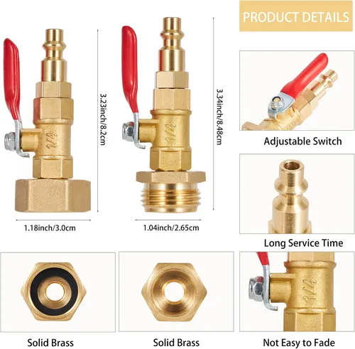 Vista 2 de Adaptador de Soplado para Invierno, Conector Macho de Conexión Rápida de 1/4 Pulgadas y Rosca de Manguera GHT de 3/4 Pulgadas. Con Válvula de Bola