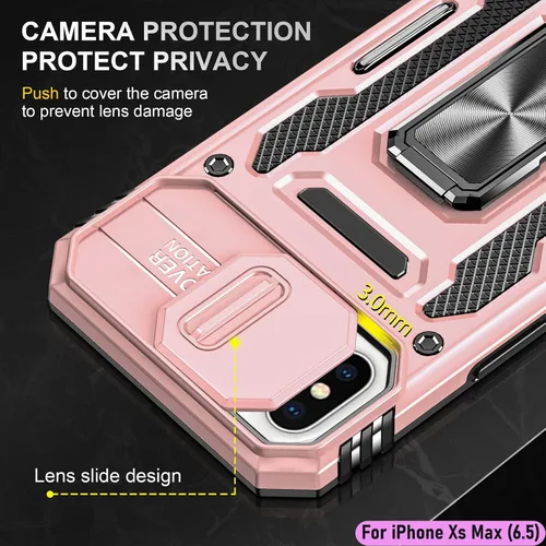 Vista 4 de Funda resistente para Apple iPhone Xs Max, protector híbrido de goma de doble capa de grado militar con protector de cámara deslizante, soporte Oro