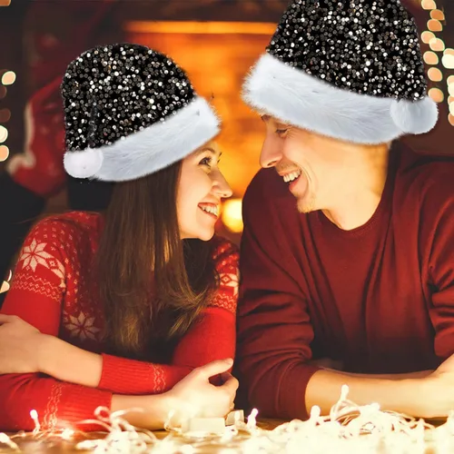 Vista 2 de Sombrero de Navidad Morado para Adultos, Sombrero de Papá Noel con Lentejuelas Moradas Personalizado Súper para Navidad Vacaciones Fiesta de Año