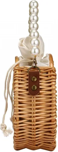 Vista 4 de Bolso de playa para mujer, bolso de mimbre rectangular tejido a mano, bolso de mimbre con perlas, bolso retro de paja de verano