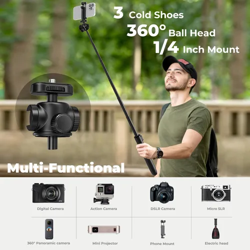 Vista 3 de KraftGeek Trípode Vlogging para teléfono y cámara, trípode de 60 pulgadas para iPhone y Android con 3 zapatos fríos para luz y micrófono