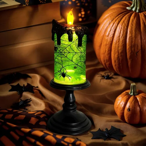 Vista 11 de Velas sin llama parpadeantes de Navidad, diseño de globo de nieve, luz de vela, agua arremolinada con purpurina, velas giratorias con temporizador