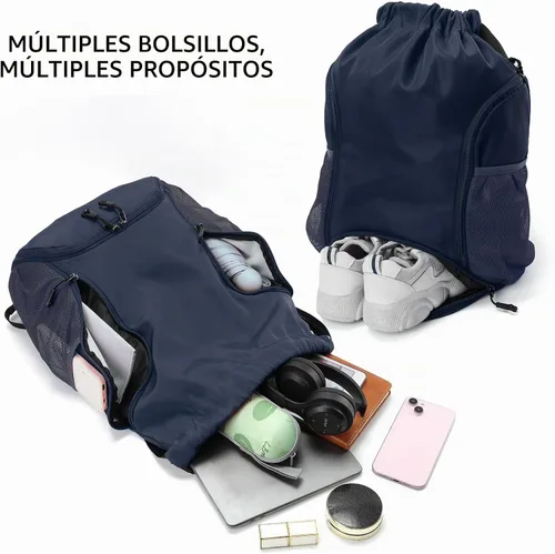 Vista 5 de Valleycomfy - Bolsa de gimnasio con cordón, mochila de baloncesto, soporte para dos botellas Azul oscuro