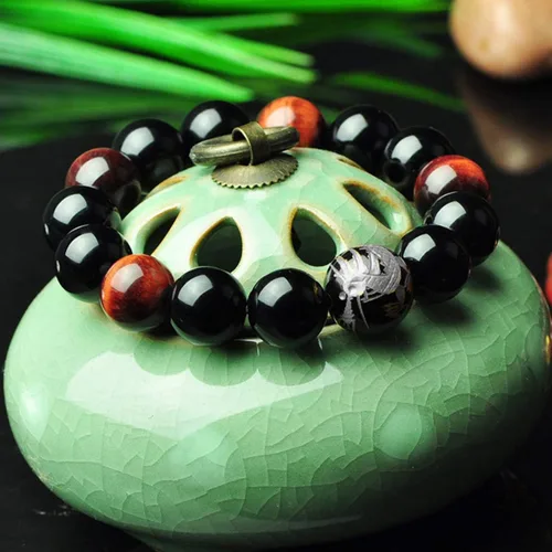 Vista 3 de Merdia - Pulsera elástica para hombre, diseño de ojo de tigre con cuentas de dragón y rey (plateado y amarillo)