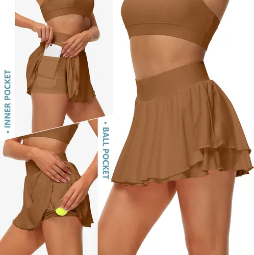 Vista 4 de UrKeuf - Faldas deportivas para mujer con bolsillos, faldas de tenis de 13 pulgadas con volantes, para golf, running, entrenamiento, de seda helada