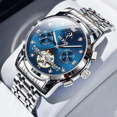 Vista 2 de OLEVS Men Automatic Watch Skeleton Moon Phase Dial Luxury Dress Stainless Steel Strap 5 Hands Diamond Men Wrist Watches