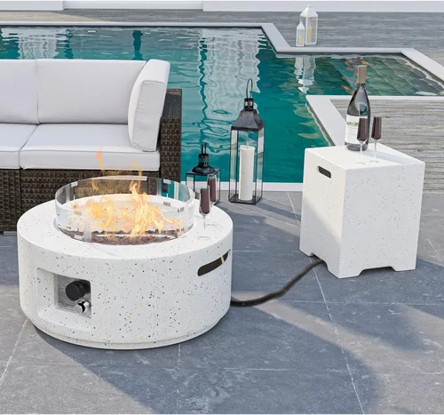 Vista 7 de HOMPUS Fogata de propano para exteriores, 40,000 BTU de 28 pulgadas, mesa redonda de hormigón de terrazo blanco con rocas de lava y cubierta