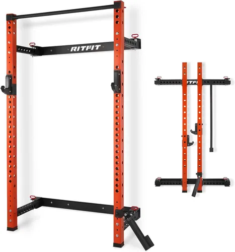Vista 17 de RitFit 2.36'' x 2.36'' Folding Squat Rack for Home Gym, Wall Mounted Squat Rack with Attachments - Space Saving Squat Power Rack Negro