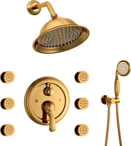 Vista 10 de Sistema de ducha cromado de 8 pulgadas, juego de grifo de ducha montado en la pared con chorros de cuerpo, sistema de ducha de lluvia de 3 funciones