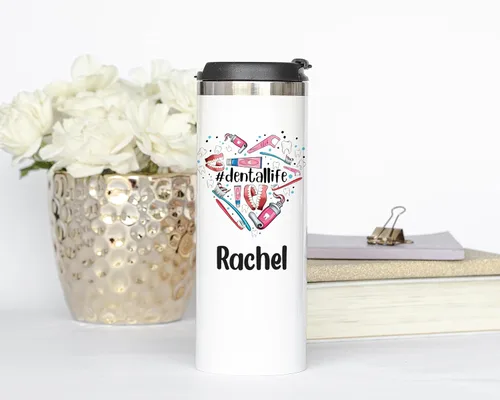 Vista 2 de Taza de café de sublimación a todo color para equipo de oficina dental, regalo de graduación para estudiantes dentales con tapa, vaso de acero