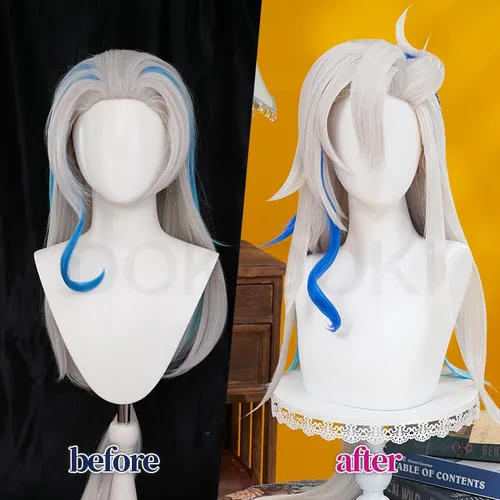 Vista 5 de KIRA KIRA Neuvillette - Peluca de cosplay Genshin Impact Fontaine, peluca larga de cabello gris azul, peluca de fiesta de Halloween para hombres