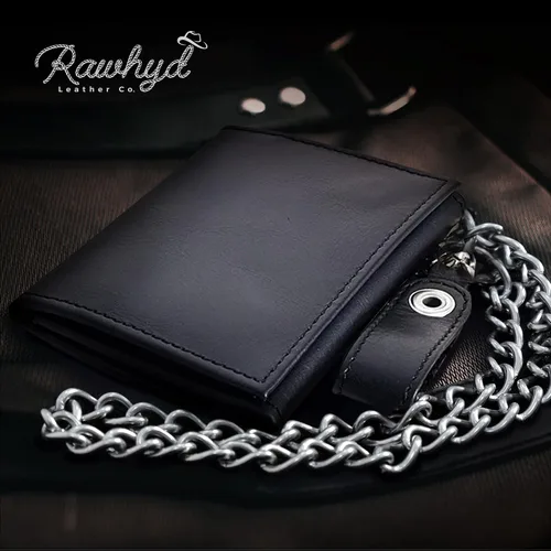 Vista 8 de RAW HYD Billeteras de cuero de grano completo con cadena triple para hombres con cierre a presión, Negro -, Billetera triple