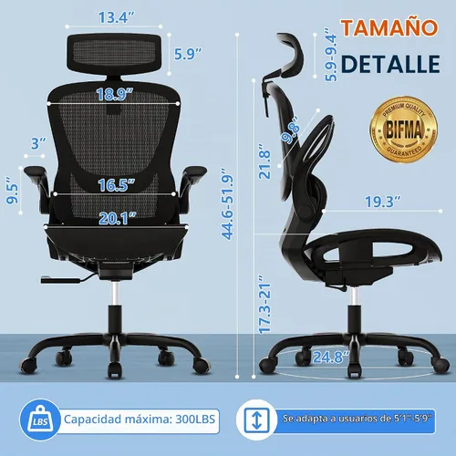 Vista 2 de GABRYLLY Silla de oficina ergonómica de malla, silla de escritorio ajustable para el hogar con reposabrazos plegable, reposacabezas 2D, asiento Negro