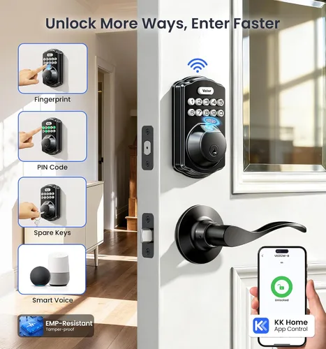 Vista 3 de Veise VE012W-B Cerradura inteligente de huellas dactilares Wi-Fi con juego de manija, control remoto de aplicación, palanca de puerta delantera