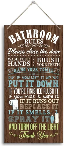 Vista 24 de HALUOSI Placa de madera colgante impresa para decoración, letrero de reglas de baño, "Por favor, no enjuague productos femeninos", madera de Baño 07