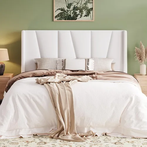 Vista 17 de Allewie Base de cama de plataforma tamaño Queen con cabecera geométrica con respaldo de alas, cama tapizada bohemia con soporte de listones de Beige