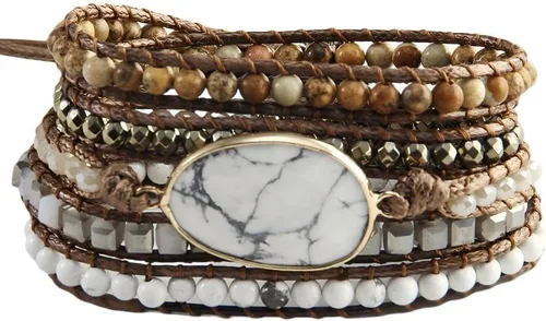 Vista 24 de Women Boho Wrap Bracelet Natural Jasper Crystal Stone Bead Strand Bracelets Marrón