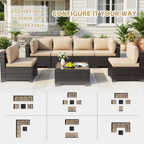 Vista 2 de LEVELEVE Juego de 7 muebles de patio al aire libre, juego seccional de conversación de ratán, sofá de mimbre de tejido manual con mesa de té Marrón