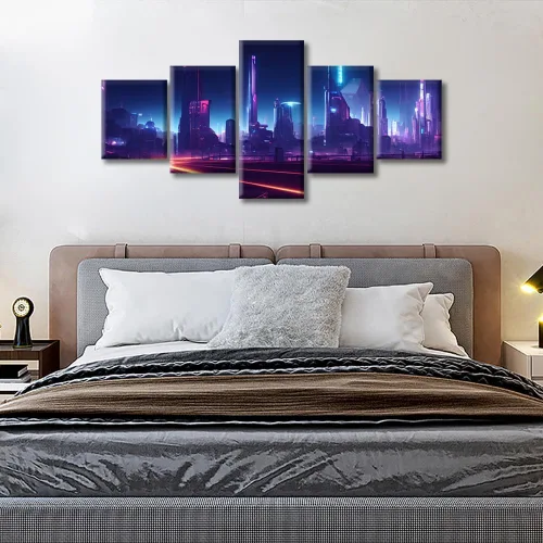 Vista 127 de Cuadros de 5 paneles de Cyberpunk City, arte de pared, representación de vallas publicitarias, edificios modernos en la capital con obras de arte