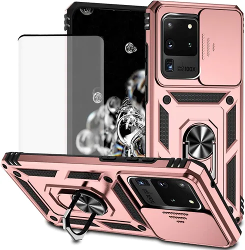 Vista 9 de Funda para Galaxy S20 Ultra/Samsung S20 Ultra SM-G988U con protector de pantalla de vidrio templado y cubierta para cámara deslizante, anillo Oro