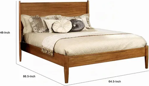 Vista 3 de Cama Queen de madera moderna de mediados de siglo con patas redondas cónicas, roble rústico