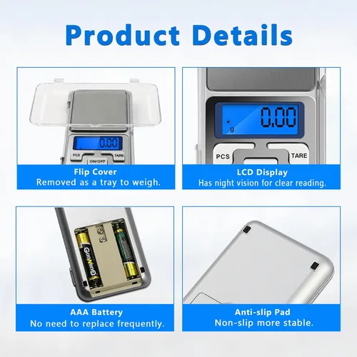 Vista 4 de 2 unids alta precisión mini electrónica digital bolsillo báscula joyería pesaje equilibrio portátil 17.64 oz/0.0004 oz función de conteo LCD azul