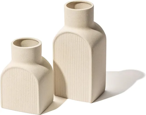 Vista 8 de Ceramic Ribbed Vases - 2 Piece Set, Small and Large Vase, Bottle Flower Planter Set. Scandi Style Home Decor. Neutral Cream Home Decor, Coastal