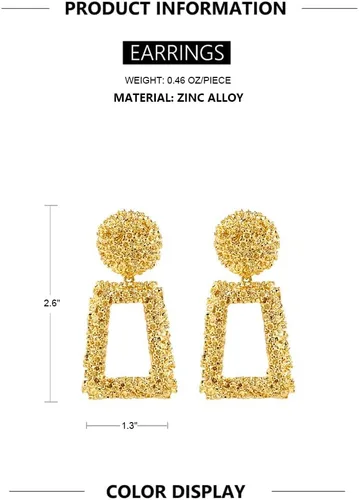 Vista 8 de Aretes geométricos con rectángulo colgante de oro, aretes modernos llamativos para mujer, colección KELMAL