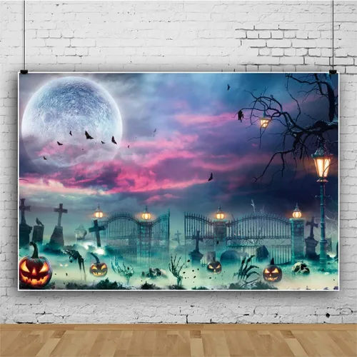 Vista 9 de Renaiss Telón de fondo de Halloween con telaraña, árboles, lámpara de calabaza, bosque sombrío, fotografía, fondo espeluznante, luz de luna